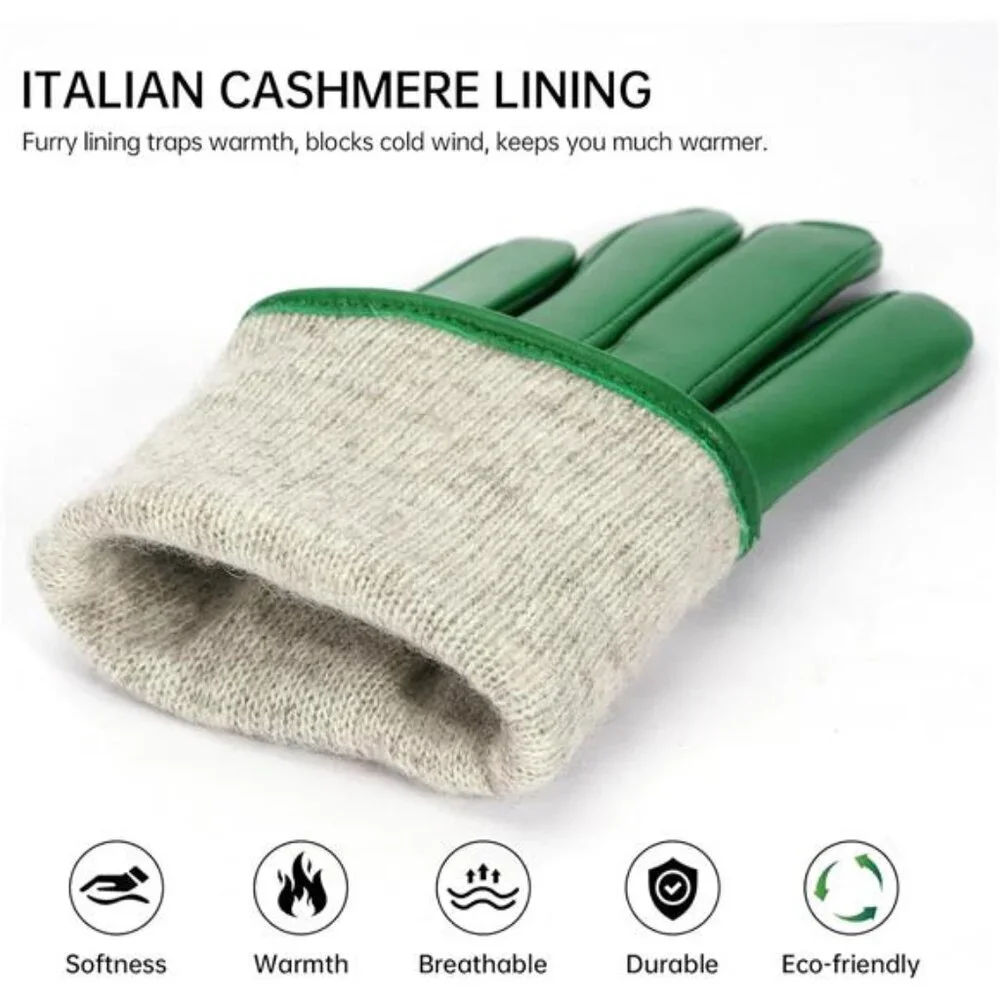 New Sheepskin Leather Gloves Cashmere Lined Green Touchscreen Women Size Large